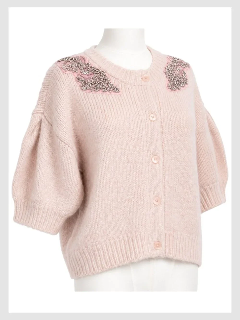 Cinq à Sept Millicent Pink Embellished Puff Sleeve Cardigan M